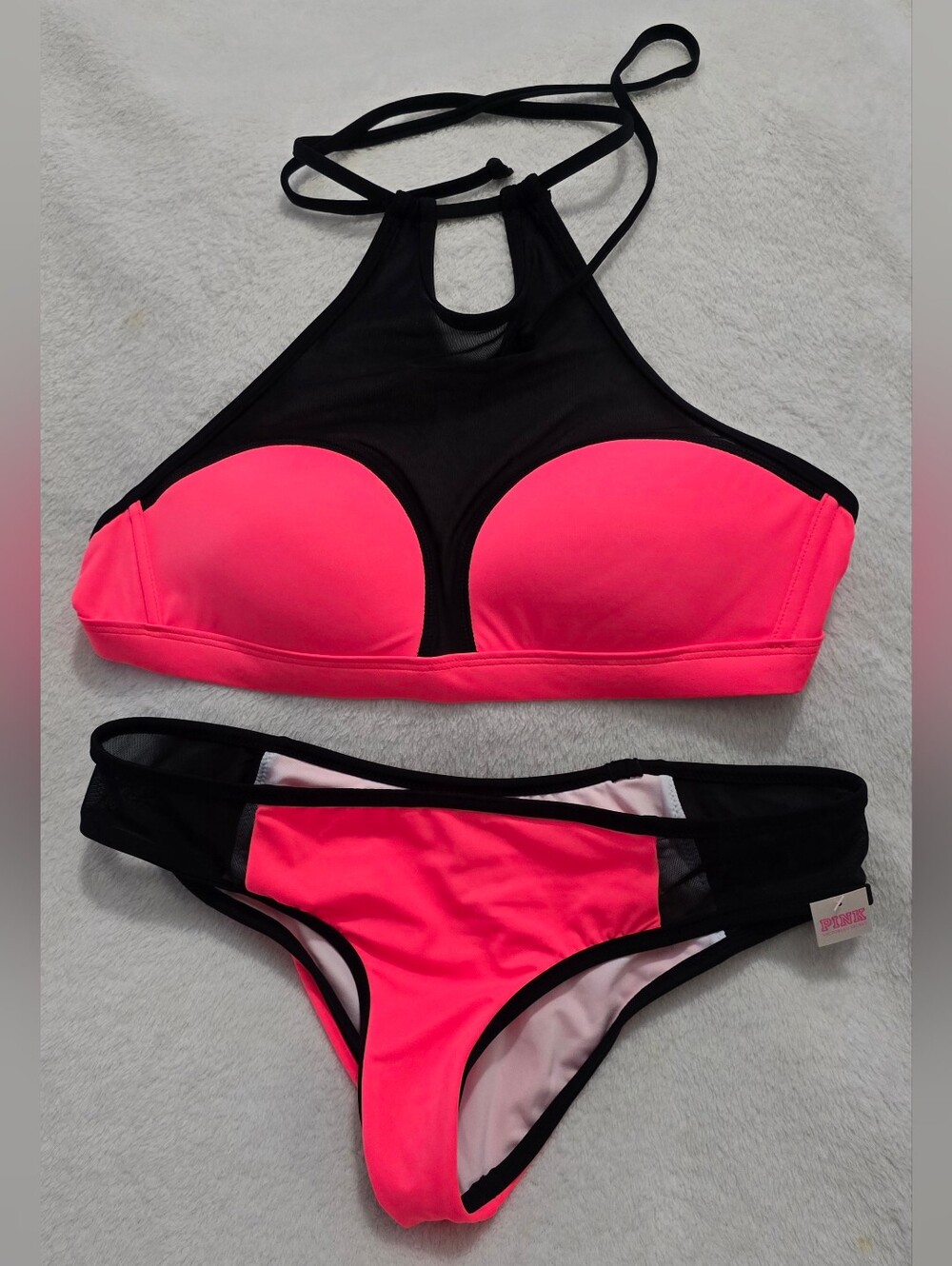 PINK Victoria's Secret Size M Neon Pink and Black High Neck Bikini